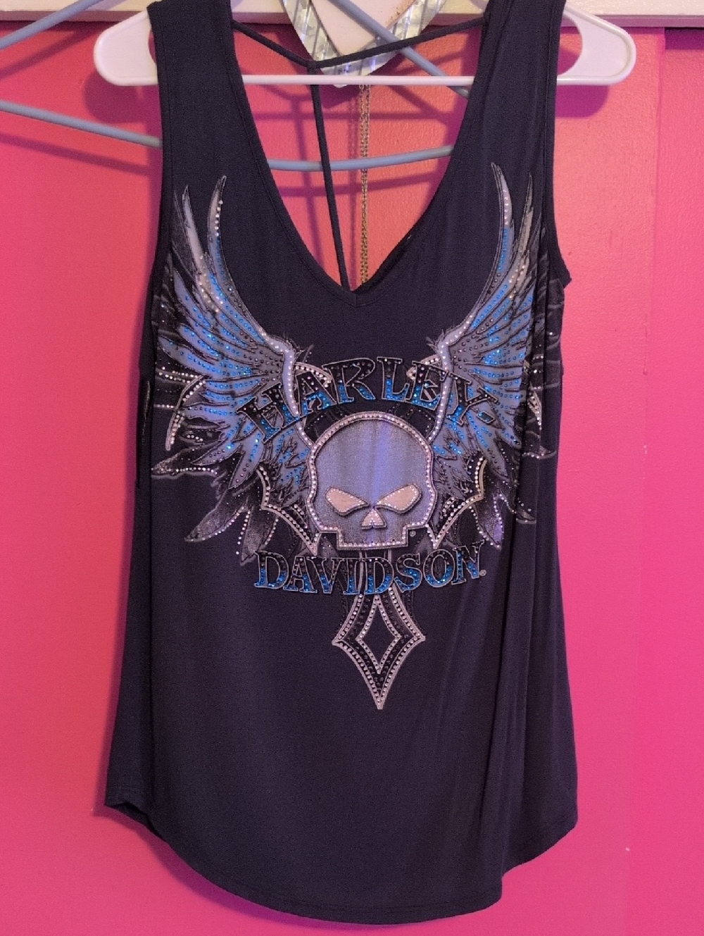 Harley-Davidson Black Tank with Blue Skull & Wing Graphic